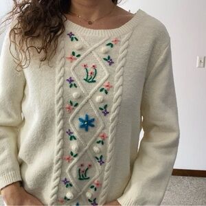 TALBOTS Cable Knit Floral Embroidered Sweater